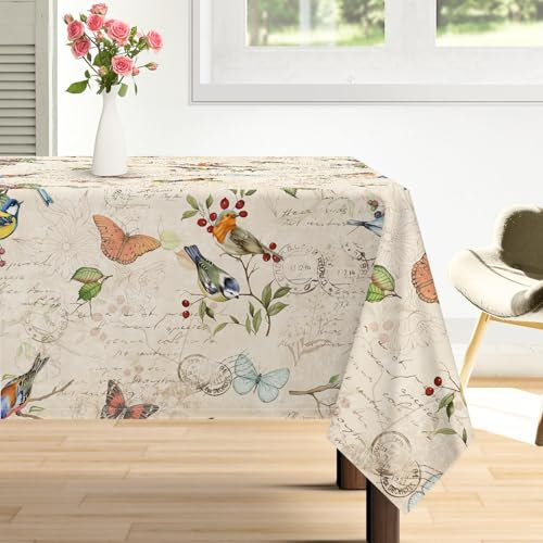 Arquiel Tischdecke Landhaus Vintage Vogel, Tischdecken Abwaschbar Rechteckige Wasserabweisend Tischtuch Tischdeck Für Garten, Küche Essen Parteien Frühling/Sommer (152X213Cm)