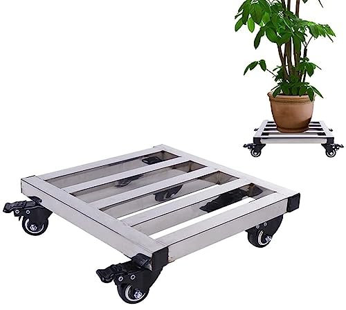 JFUNANQH Chariot à Plantes Robuste en Acier Inoxydable avec roulettes pour Grands Pots de Fleurs en métal 40 cm Argent