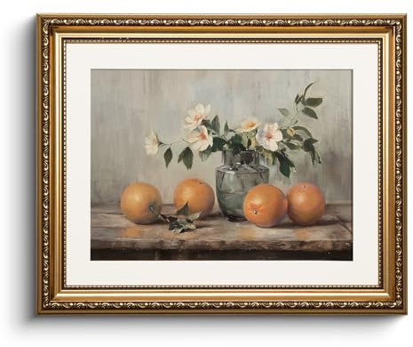 HUARCEY Images sur toile avec cadre doré - Petites peintures murales vintage - Nature morte avec oranges et fleurs - Décoration murale pour salon, chambre à coucher, salle à manger, cuisine, ferme