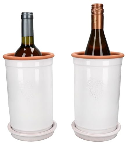 MamboCat | 2er Set Ton-Weinkühler + Untersetzer weiß lasiert I Ø 12,5 cm I H 21 cm I Flaschen-Kühler für Wasser, Wein & Sekt I kühlt stundenlang I Terracotta