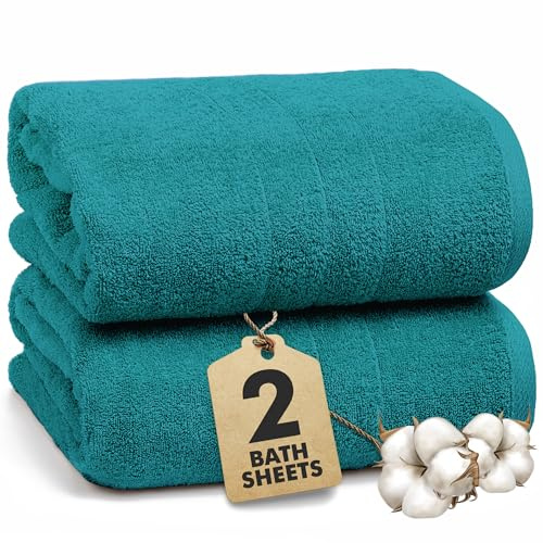 Novo Home Bath Sheets - Extra Large Bathroom Sheet Set – 550 GSM Pack of 2 Jumbo Towels Teal (90x180cm) – 100% Ring Spun Cotton Soft Quick Dry Large Bath Towels for Adults Hotel Spa Bathroom Use