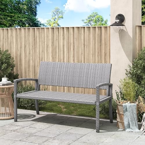 Amopatio Gartenbank Wetterfest, Polyrattan Sitzbank UV-beständig, Gartenmöbel Terrassenbank mit Rückenlehne bis 320kg für 2 Personen Garten, Balkon, Terrasse, 122x60x87cm, Grey