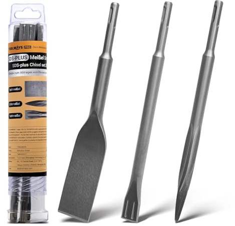 TOOLMAYS 3PCS SDS Plus Chisel Bits Set 250mm | Heavy Duty Masonry Chisel with Pointed, Flat and Tile Chisel for Concrete Demolition, Wall and Floor Tile Removal