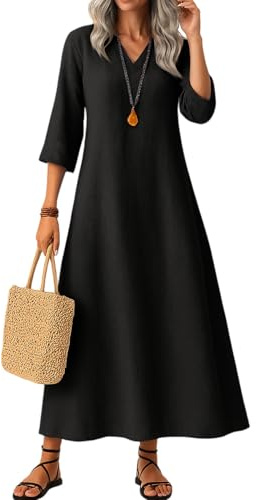 Maxi Dress for Women - Summer Fall Casual Long Sleeve Dresses Ladies V Neck Linen Sundress Loose Swing Holiday Beach-Dress
