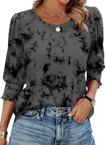 XIEERDUO Womens Tops 3/4 Sleeve Tops Blouses for Women UK Long Sleeve T Shirts Crew Neck Tunic Tops Curve Hem Size 18-20 Grey Tie Dye