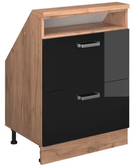 Vicco Dachschrägenschrank Rion, Schwarz Hochglanz/Goldkraft Eiche | B60 x T46 cm, mit 2 Schubladen, platzsparend für Dachschrägen