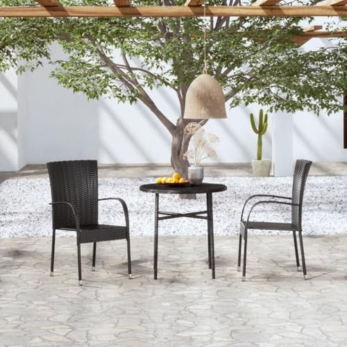 JHQHSM 3-TLG. Garten-Essgruppe Poly Rattan Schwarz, Outdoor-Esstischgruppe mit Stahlrahmen und PE-Geflecht, wetterbeständige Terrassenmöbel für Balkon und Garten, stapelbare Stühle,