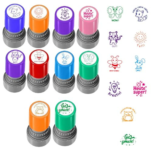 10 Stück Stempel Lehrer Selbstfärbender Lob Ermutigung Kinder Bunte Cartoon Stempel Lob Siegel Ermutigung Schüler Hausaufgaben Stamper für Hausaufgaben Feedback Belohnung Motivation