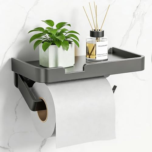 lrgnixs Toilettenpapierhalter, Toilettenpapierhalter Ohne Bohren, Selbstklebend Klopapierhalter mit Ablage, WC Papier Halterung, Toilettenpapier Halterung für Badezimmer Küche Toilette, Grau