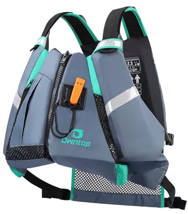 Owntop Schwimmweste Erwachsene mit Mesh-Rücken, Trillerpfeife, großen Taschen | Hervorragende Tragkraft | Einstellbare Auftriebswesten | Leichte Schwimmhilfe für Kajak, Angeln, Paddeln (Grau,XL-XXL)