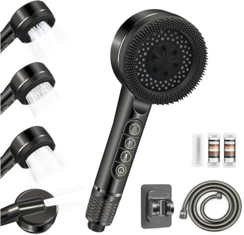 High Pressure Shower Head, 4 Spray Modes Shower Heads with 1.5M Shower Hose, Hard Water Filter Showerhead with ON/Off Switch, Handheld Massage Powerful Shower Head for Chlorine Remove, Black
