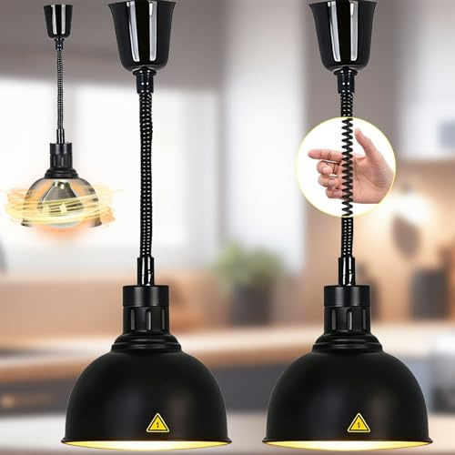 Wärmelampe Gastronomie für Speisen, Hängende Speisenwärmer Lampe für Küche und Hotels, Lebensmittel Wärmelampe Küche Höhenverstellbar von 60-180 cm (Schwarz, 2)