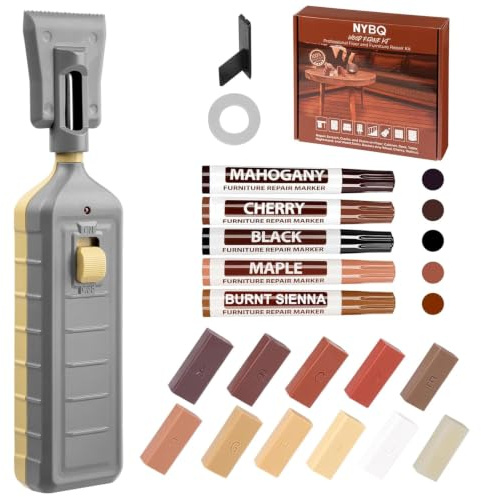NYBQ Laminat Reparaturset, 24 Stück Holz Parkett Reparaturset Neuem Upgrade-Schmelzwerkzeug, 11 Farben Hartwachs für Holzkitt Vinylboden Holzböden Möbel Arbeitsplattet Reparatur set