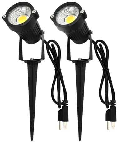 J.LUMI GSS6005 Outdoor Plug-in LED Spotlight – 5W 450LM Warm White 3000K, IP65 Waterproof Landscape Spotlight with Ground Stake, Metal, 3ft Cord, 120V (Pack of 2)