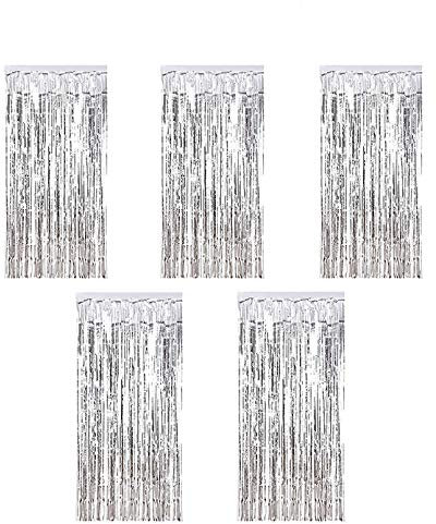 Kioneer Metallic Tinsel Curtains - Silver 5 Packs, 3 ft x 10 ft, Large Foil Fringe for Photo Backdrop, Door, Wall, Window, Party, Christmas Decoration