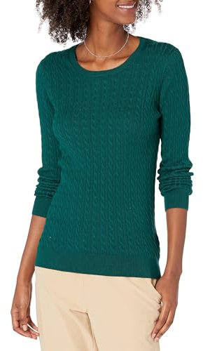 Amazon Essentials Women's Lightweight Long-Sleeved Cable Crewneck Sweater (Available in Plus Size), Dark Green, M