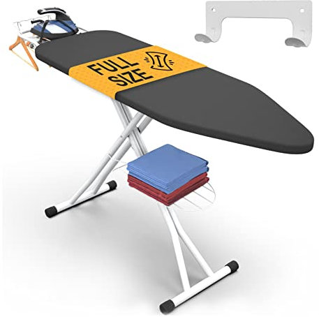 Xabitat Deluxe Ironing Board with Wall Mount - 144 cm x 38 cm, Storage Tray for Finished Clothes, Wire Rack for Hanging Shirts and Pants, Safety Iron Rest, Home Laundry Room or Dorm Use - Grey