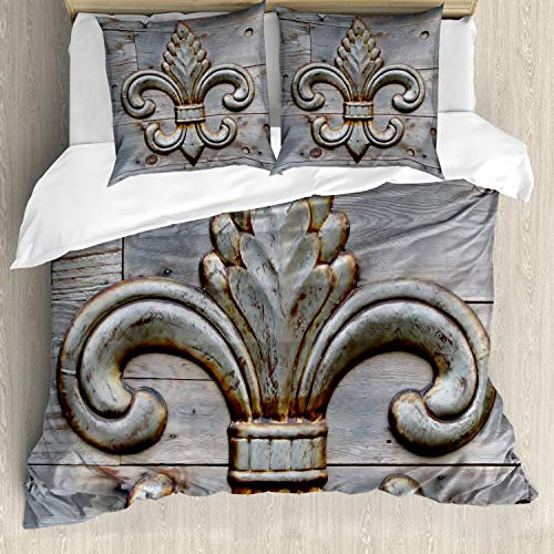 ABAKUHAUS Fleur De Lis Bettwäsche Set für Doppelbetten, Altes Zeichen Holz, Weicher Microfaserstoff Allegigeignet kein Verblassen, Grau braun