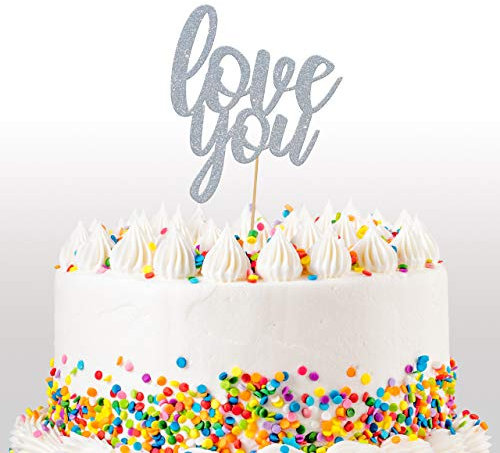 Cakeshop Valentines Glitter Cake Topper, I Love You Cake Topper Dekoration, Jahrestag - doppelseitige 400 g/m² Glitzerkarte, Auswahl 14 Farben und viele Stile (Dunkelsilber)