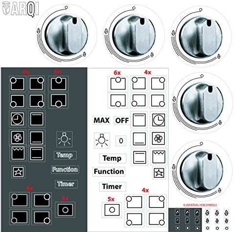 Arqi UK Multiple Stove Hob Range Replacement Stickers, Universal for 4, 5 and 6 burners, Black ink on transparent, heat and grease resistant on tough PVC,
