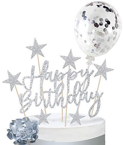 iZoeL Sliver Cake Decoration Confetti Balloon Cake Topper Sliver Happy Birthday Cake Topper Stars Heart Cupcake Topper for Women Man Boys Girls (silver)