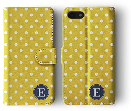 Tirita Personalised Leather Flip Wallet Phone Case with Card Holder Compatible with iPhone 7/8 / SE 2020 / SE 2022 - Vintage Shabby Chic [18 - Mustard Yellow Polka Dot]