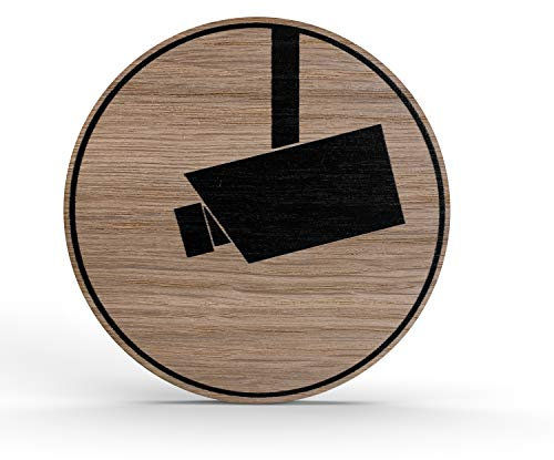 Holz-Türschild Piktogramm Videoüberwachung - Hinweisschild aus Eichenfurnier - rund Ø 10cm, eiche - Für Ihre Tür & Wand - Inkl. Klebepad - Betriebsausstattung24®