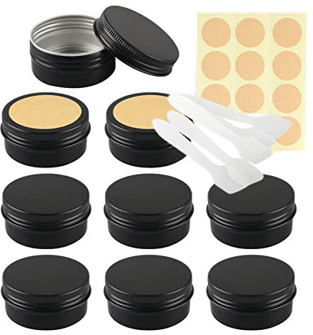 LusDoly Pack of 10 Empty 50ml Matte Black Aluminium Tins with Lids - Ø57x28mm Travel Round Aluminum Screw Pots Cosmetic Cream Container Jars for Candle Lip Balm, Salve, with Spatulas & Labels