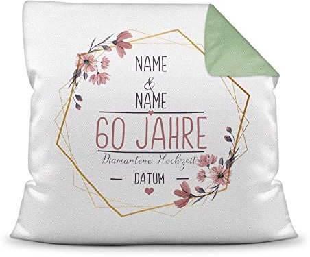Kissen Hochzeitstag Diamantene Hochzeit - mit Name & Datum selbst gestalten - 60 Jahre Ehe, Geschenk Hochzeit, Jubiläum, Jahrestag - Hochzeit Farbkissen Rückseite Grün, 40x40 cm I Personalisiert