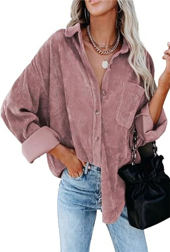 YMING Femme Cardigan Col Revers avec Poche Blouson Décontracté en Velours Côtelé Rose 3XL