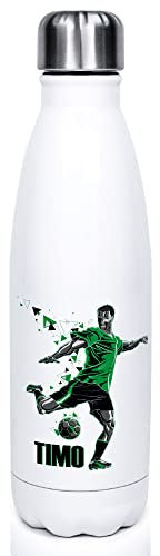 GRAZDesign Trinkflasche Sport Edelstahl personalisiert Name, auslaufsicher Einschulung Geschenk, Thermosflasche Sportflasche Kinder/Erwachsene 500ml Fussball Grün