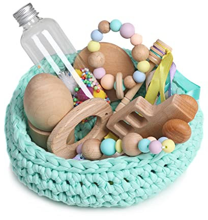 Cesto tesoros bebé. Cesto sensorial bebé. Juego estimulación sensorial Montessori para bebés entre 4 y 18 meses. ¡Más que un juego para el aprendizaje de tu bebé! COLOR TURQUESA