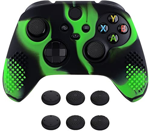 eXtremeRate PlayVital Funda de Silicona para Xbox Series X S Protector Suave Carcasa Antideslizante con 6 Tapas de Joysitcks Funda de Goma para Mando Xbox Series S X(3D Tachonado-Verde Negro)