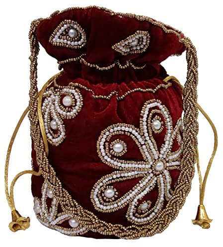 Purpledip Potli Tasche (Clutch, Kordelzug) für Frauen mit aufwendigem Goldfaden und Pailletten-Stickerei, Chenille Kastanienbraun, L