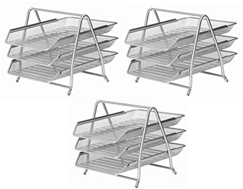 OSCO Silver Wiremesh Three Tier Letter Tray | 3 Pack | Document Storage | A4 Filing | Paper Organiser | Office Desk File Sorter | Easy Assembly | H26.5 x W27.8 x D35.5 cm |