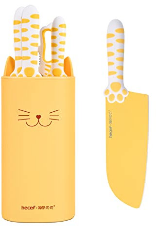 hecef Kitchen Knife Set with Detachable Block, Non-Stick Coated Knife Block Set, 5 PCS Sharp Knife Set for Cooking (Yellow)