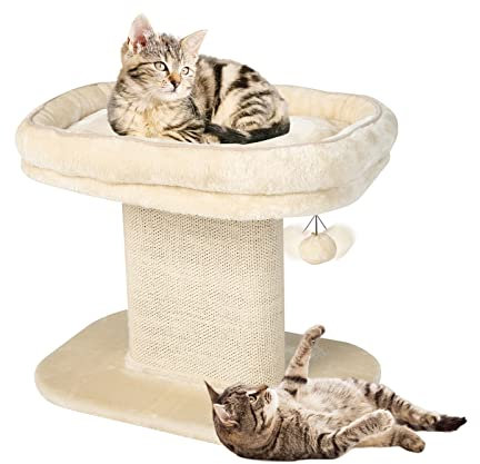 COSTWAY Kratzbaum Klein, 50cm hoch, Katzenbaum mit weicher Plüschsitzfläche & Sisal-Kratzsäule & Ball, Katzenkratzbaum Holz, Katzen Katzenmöbel Kletterbaum, Aktivitätsbaum Spielbaum (Beige)