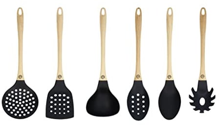 MasterChef Set di utensili da cucina atossici lavabili in lavastoviglie per pentole antiaderenti in plastica antigraffio con spatole e cucchiai, nylon resistente al calore, 6 pezzi, aspetto naturale
