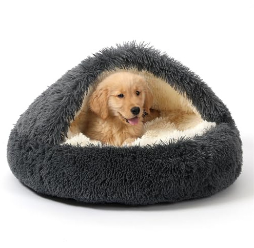 NOYAL Rundes Hundebett mit Kapuze für kleine und mittelgroße Haustiere – Plüsch, flauschig, Anti-Angst-Katzenhöhlenbett mit Bezug