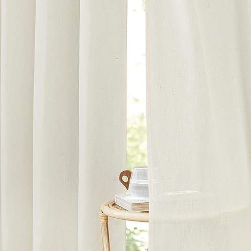 PONY DANCE Landhaus Gardine Leinen Extra Lange Gardinen und Vorhänge Wohnzimmer Ösenschal 2er Set Leinenvorhang Halbtransparent Curtains for Living Room, H 260 x B 140 cm, Elfenbeinweiß