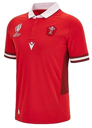 Macron Wales Rugby World Cup 2023 Kids Home Replica Rugby Shirt Top Red, Red, M