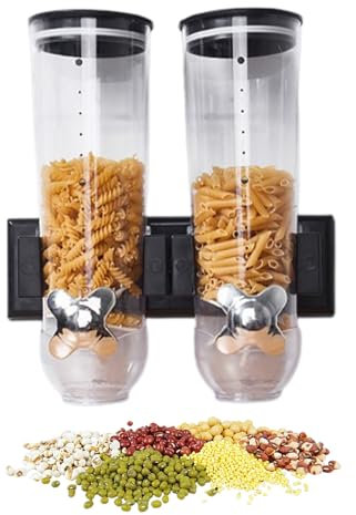 Syfunlv Distributeur de céréales Double, avec support mural, Distributeur de céréales mural pour céréales, muesli, cornflakes, Fruits secs, Bonbons, Plastique, 29.2 * 31cm (noir)