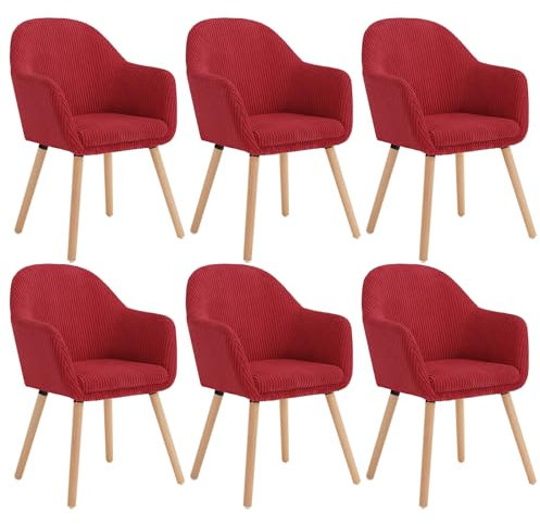 WOLTU Esszimmerstühle 6er Set, Stuhl Esszimmer Esstisch, Küchenstuhl Armlehnstuhl Polsterstuhl, Sessel Wohnzimmer Modern, mit Armlehnen, aus Cord, Massivholzbeine, Rot, EZS26rt-6