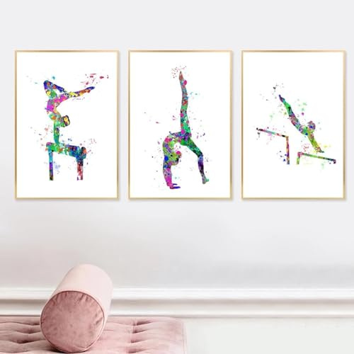 KemneT Abstrakte Turner-Poster Kunstdrucke Aquarell Sport Leinwand Bild Gymnastik Geschenke Fitnessstudio Wand Bilder Bilder Fitnessstudio Raum Heimdekoration 50 x 70 cm x 3 ungerahmt