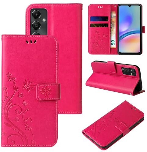 LBH Handy Hülle für Samsung Galaxy A05s Case Handytasche Schmetterling Blumen Flower Standfunktion Schutzhülle Magnet Rundum Schutz 360 Grad Flipcase Cover Pink