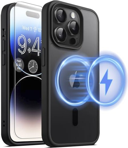 Magnetische Handyhülle für iPhone 14 Pro Max [Mit Schutzfolie] [Mit Magsafe] Anti-Fingerabdruck Matt Hart Case Cover