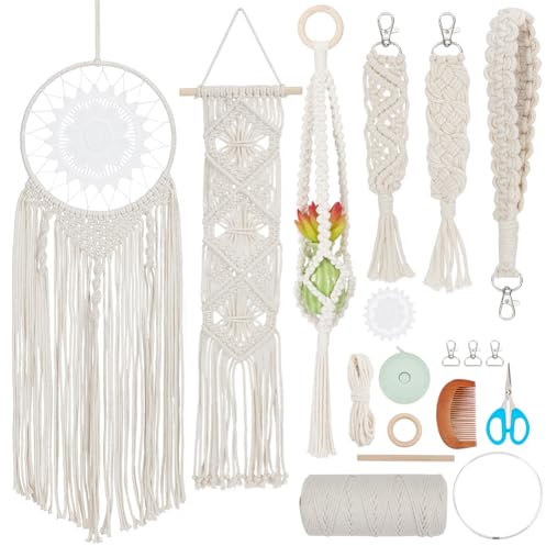 INFUNLY 6 Satz Diy Makramee Bausätze Blume Makramee Träumen Fänger Boho Makramee Armband Schlüsselbund Kit Makramee Mauer Hängend Ornament Mit Quaste Anweisung Zum Ostern Schlafzimmer