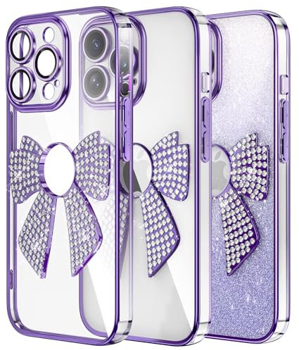 IMEIKONST Luxury Glitter Case Compatible with iPhone 14 Pro Max, Bling Shining Diamond Bow Design Camera Protector Shockproof Soft TPU for Girls Women Cover for iPhone 14 Pro Max. Purple KDH