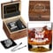 Gifts for Dad, Vintage Whiskey Stones and Glass Gift Set, 4 Granite Chilling Stone Drinking Glass in Wooden Box, Whiskey Gift Set with Ice Tongs, Slate Coasters, Alcohol Gift for Men