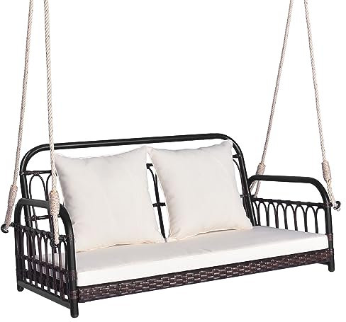 COSTWAY Hanging Porch Swing Chair, 1/2 Person Rattan Woven Hammock Chair with Back and Seat Cushion, Indoor Outdoor Front Porch Hanging Seat (Off White + Mix Brown, 115 x 59 x 54 cm)